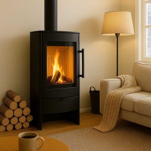 Modern black freestanding wood-burning Compact Freestanding Stove Log Storage with integrated lower log storage, featuring a single glass door showing burning logs, placed in a cosy corner next to a stack of firewood and a floor lamp, Cork, Homexpert