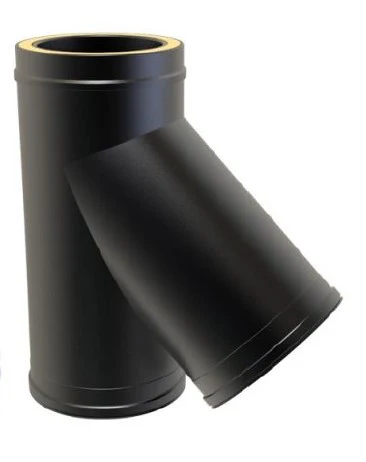 Black 45-degree twin wall chimney system flue Tee pipe component with drain cap/plug for stove installation, Cork, Homexpert