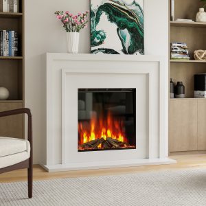 Pyrenees Fireplace Suite, Large Square Electric Stove surrounded by white suite. Cork, Homexpert