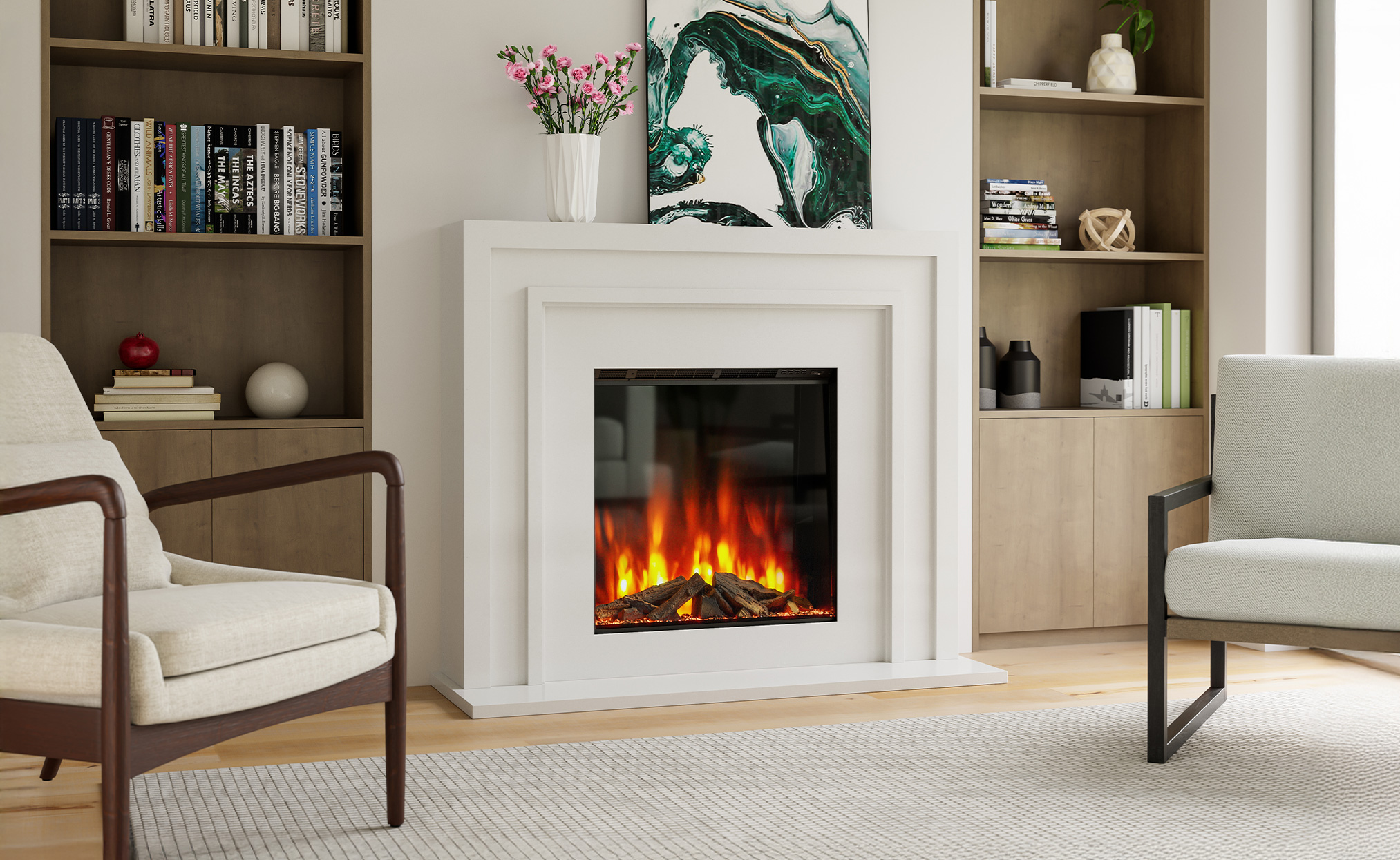 Pyrenees Fireplace Suite, Large Square Electric Stove surrounded by white suite. Cork, Homexpert
