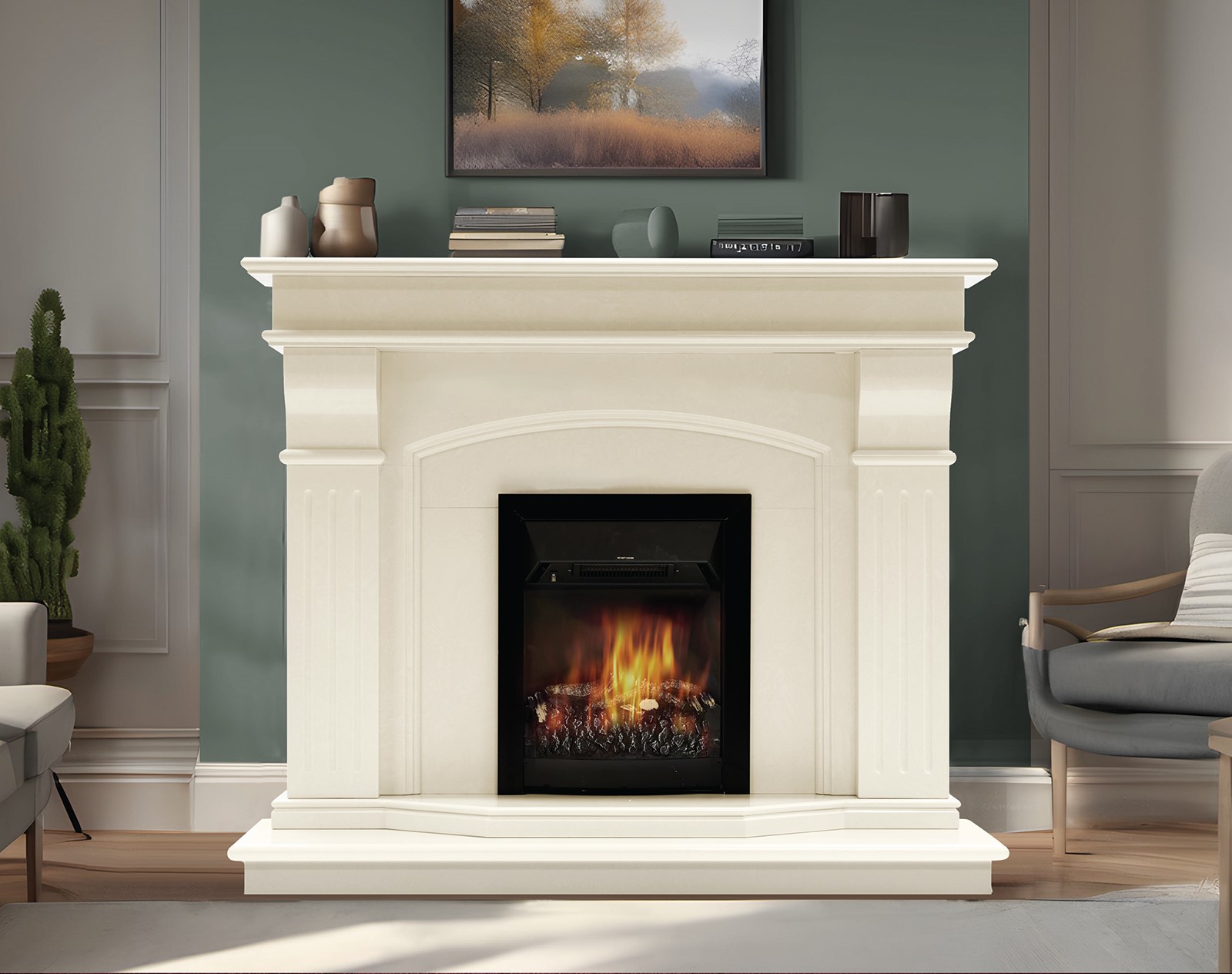 A bright Ivory Pearl fireplace surround with an arched opening, detailed pillars, and a black electric insert with realistic flames, set against a dark teal wall in a stylish living room. Cork, Homexpert