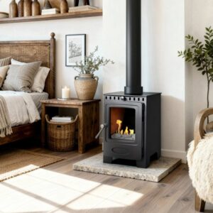 Freestanding Hamlet Solution 4 bioethanol stove with real flame fire, steel body, cast iron door, and modern living room setting, Cork, Homexpert