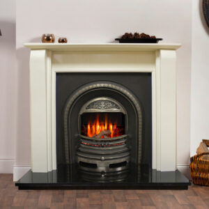 Traditional Iconic Trance 450 Inset Electric Fireplace with realistic flame effect, glowing ember fuel bed, and classic surround in a living room setting, Cork, Homexpert