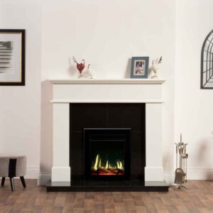 Modern white Iconic Trance 400 inset electric fireplace with glowing flame effect, black interior panels, and minimalist living room décor, Cork, Homexpert