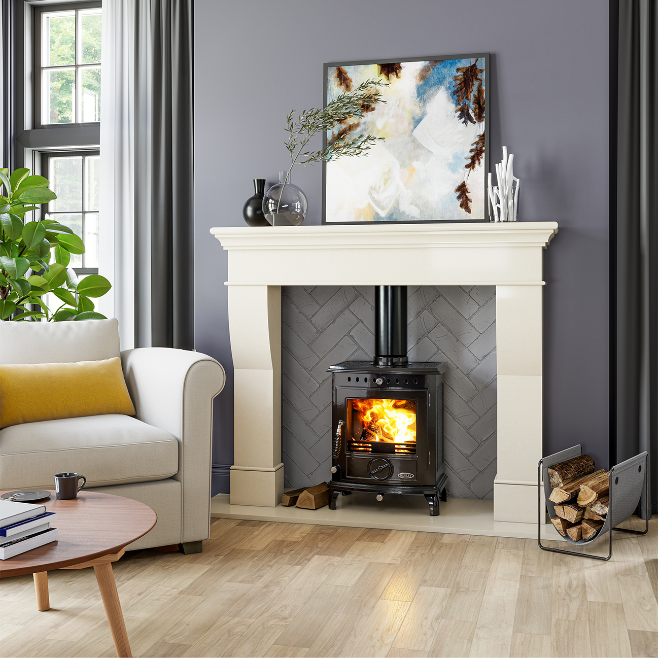 Black Aran 5kW Henley multi-fuel stove installed inside a modern fireplace with burning fire, stone surround and contemporary living room setting, Cork, Homexpert