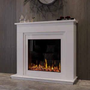 White marble fireplace suite surround Flamora Voltera with flat wall finish and minimalist mantle shelf framing electric fire, Cork, Homexpert