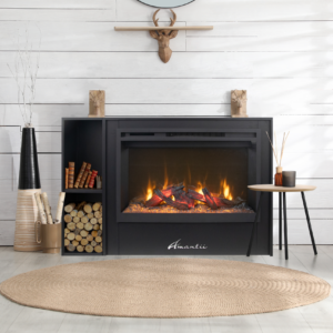 Rustic Stone Amantii built-in electric fireplace with mirrored back, crystal and log media, Cork, Homexpert