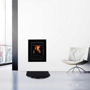 Vitae 6kW cassette multifuel stove with large glass flame view and built-in fireplace design in modern house with white walls, Cork, Homexpert
