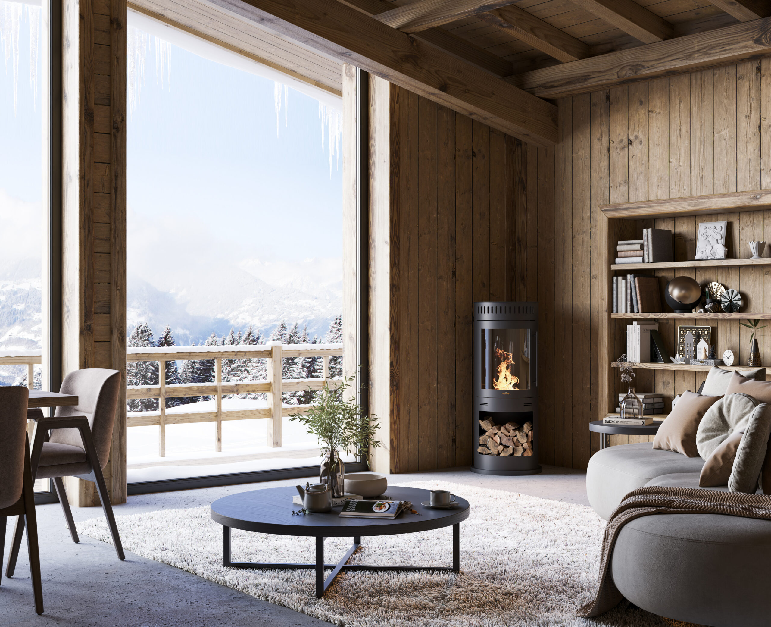 Round Free standing stove with real flame without chimney need