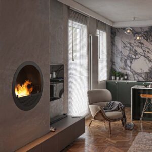 Modern recessed InCyrcle Wall Slim Inside Bioethanol Fireplace with visible flame, marble wall backdrop and contemporary living interior setting, Cork, Homexpert