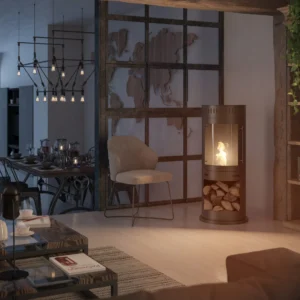 INCOZA 4 round freestanding bioethanol fireplace with curved glass flame display in modern living space, Cork, Homexpert