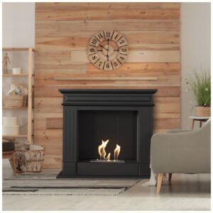 White freestanding BioFireplace NOVEMBER TÜV portal ethanol fireplace with natural flame in modern bright living room interior, Cork, Homexpert