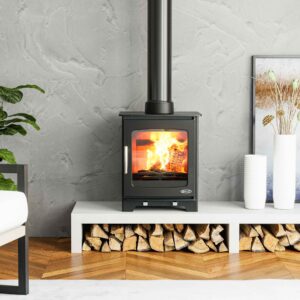 Willow compact multi fuel black stove with glass front burning brightly in a modern interior setting, Cork, Homexpert