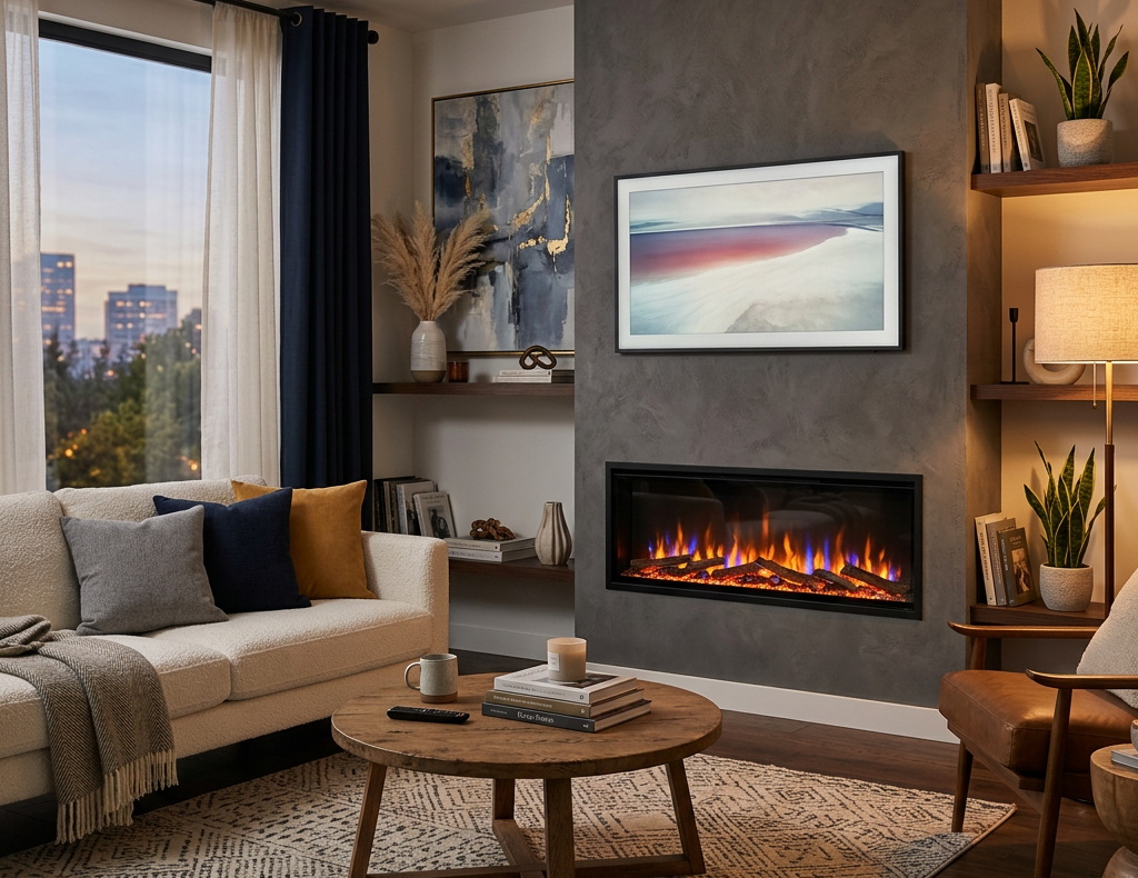 Modern electric fireplace creating a realistic flame effect in an Irish living room
