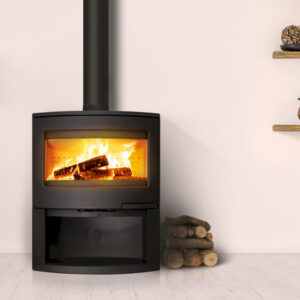 Free standing stove with large rectangular glass with log storage