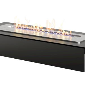 A standalone tabletop bioethanol BURNER 700 T unit from Lacunza, featuring a minimalist black rectangular base and a brushed stainless steel linear burner strip with active orange flames. Cork, Homexpert