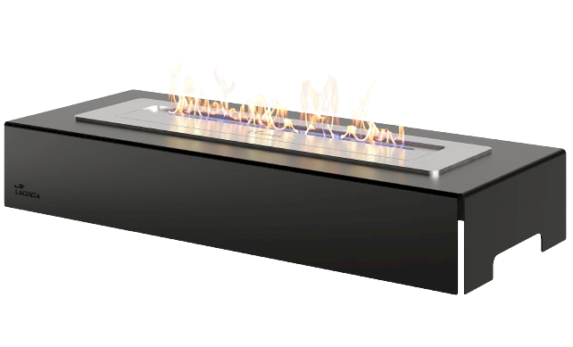 A standalone tabletop bioethanol BURNER 700 T unit from Lacunza, featuring a minimalist black rectangular base and a brushed stainless steel linear burner strip with active orange flames. Cork, Homexpert