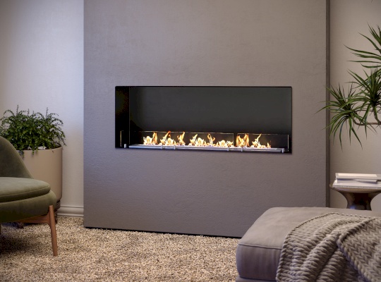 LACUNZA LUMIN 1100 S built-in bioethanol fireplace with a long horizontal flame display set into a modern grey feature wall, surrounded by contemporary furniture, indoor plants and neutral décor, Cork, Homexpert