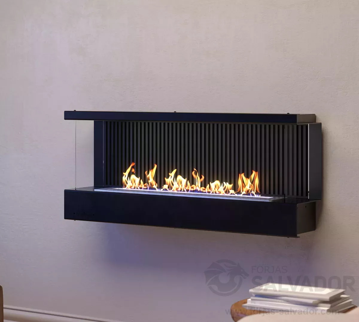 A black, three-sided wall-mounted bioethanol fireplace LUMIN 1100 Mural showcasing active linear flames against a modern, slatted black interior backing, mounted on a plain off-white wall. Cork, Homexpert