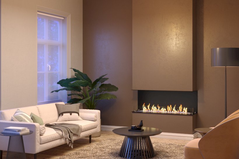 A modern living room featuring a recessed, three-sided LUMIN 1100 CLID bioethanol fireplace integrated into a brown accent pillar, casting a warm glow over a cream-colored sofa and contemporary furniture. Cork, Homexpert