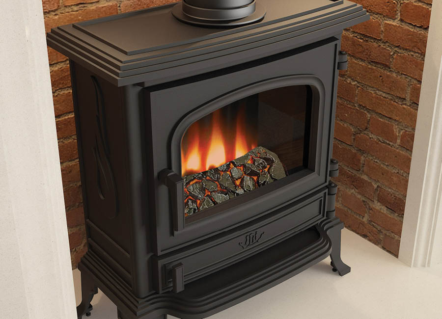 Elegant black Canterbury Cast Iron Electric Stove with intricate detailing, arched door, and a realistic log and coal fuel bed, offering up to 2kW heat. Cork, Homexpert